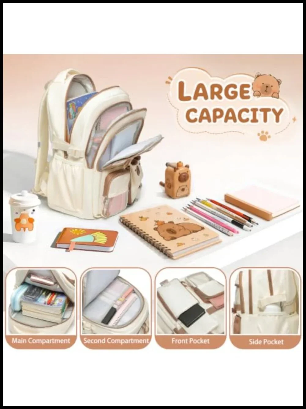 3PCS Kawaii Capybara Backpack Set with Lunch Bag & Pencil Pouch - Kids School